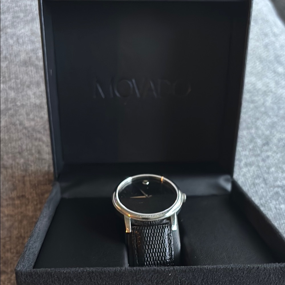 Movado Black and Silver Minimalist Watch with Leather Band